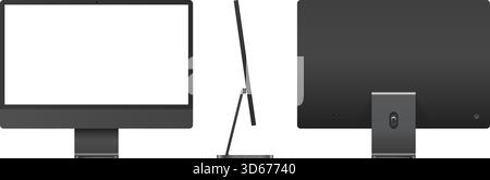 Black desktop monitor mockup in front, back and side angle. Computer blank display template vector illustration Stock Vector