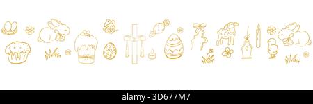 Easter golden border horizontal design with bunnies, flowers, sweets, easter eggs spring elements, seamless background, stencil decoration. . Vector illustration Stock Vector