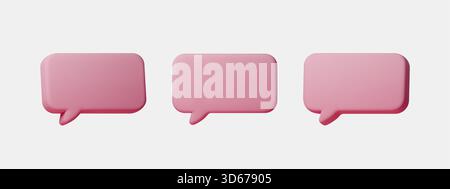 Pink 3D speech bubbles with soft shape. Cute chat and message icons for UI, social media, notifications and dialogue designs. Isolated cartoon text Stock Vector