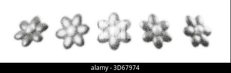 Dot flower silhouettes with grain and stipple noise appear as floating 3D blooms. Gentle gradient shading, halftone texture and abstract lines create Stock Vector