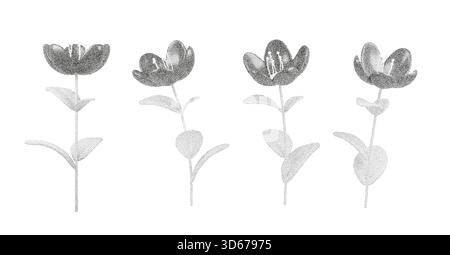 Dot grain flowers shaped with stipple noise feel like delicate 3D botanical sketches. Halftone texture, dusty fade and smooth gradient give the Stock Vector