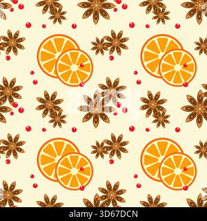 cozy spicy Christmas pattern with orange slices, star anise and red berries. Vector illustration Stock Vector
