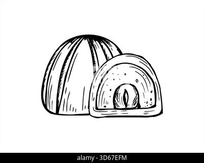 Chocolate nut candies of cross section, whole with fillings inside vector isolated line art black ink illustration. Monochrome hand drawn sweets Stock Vector