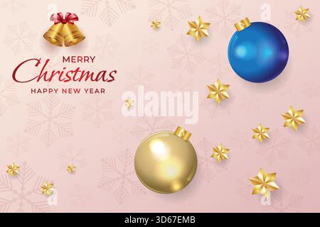 Merry christmas realistic the banner with xmas decoration ball golden stars pine leaf Stock Vector