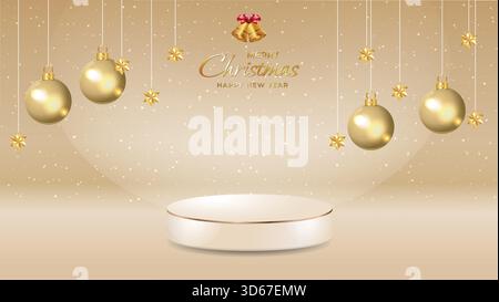 Product podium with christmas sparkle golden stars and christmas tree bauble elements vector illustration Stock Vector