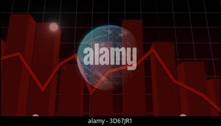 Displaying red bar chart with overlaid red line and Earth globe in space, featuring thin grid Stock Photo