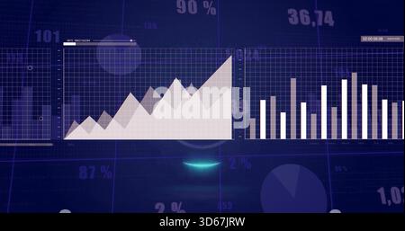 Displaying dual-panel dashboard on blue screen, showing area peaks, bar chart, percent labels, HUD Stock Photo