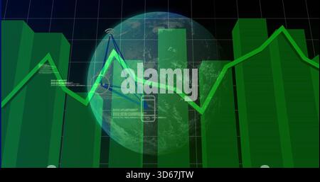 Showing composite financial dashboard featuring green 3D bar chart and neon line graph, with globe Stock Photo