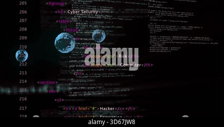 Displaying HTML code overlay with Cyber Security label on screen, with blue network spheres Stock Photo