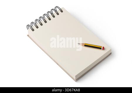 Blank spiral notebook with pencil on white background Stock Photo