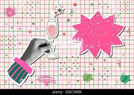 Fun Collage with A Hand Holding A Glass of Champagne and A Star Shaped Speech Bubble for Christmas Holiday Event Invitations, Posters and Banners Stock Vector