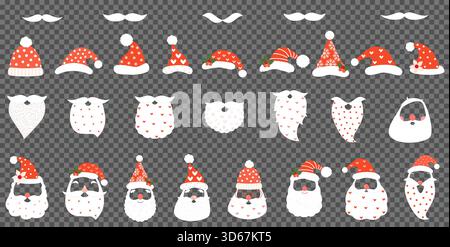 Vector Santa hats, beards and mustaches with different patterns for Christmas greeting cards and holiday designs Stock Vector