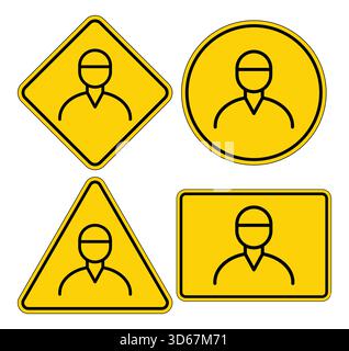 Collection of yellow warning icons featuring stylized human figures in various geometric shapes. Ideal for safety illustrations and signage. Stock Vector