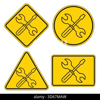 This image showcases various warning signs featuring wrench and screwdriver icons on yellow backgrounds, ideal for construction, repair, and maintenan Stock Vector