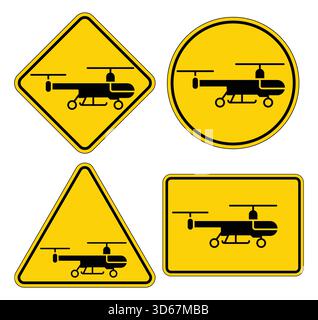 Set of four distinct helicopter warning signs with different shapes displayed on a bright yellow background. Perfect for safety and aviation-themed pr Stock Vector