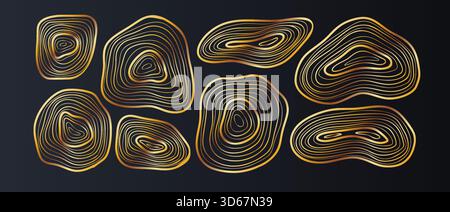 Organic abstract rings formed by smooth golden lines over a dark backdrop. Perfect for premium graphics, cards, fashion branding, and geometric backgr Stock Vector