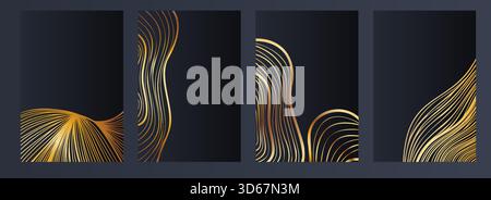Modern poster set featuring swirling wood textures and gold waves. Elegant decorative graphics ideal for home decor, offices, and premium lifestyle sp Stock Vector