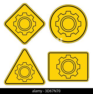 A collection of four yellow gear icons displayed in different shapes, ideal for industrial and mechanical design projects. Perfect for creative and te Stock Vector