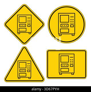 A collection of warning signs depicting vending machines in various shapes. Each sign features a distinct design element, promoting safety and awarene Stock Vector