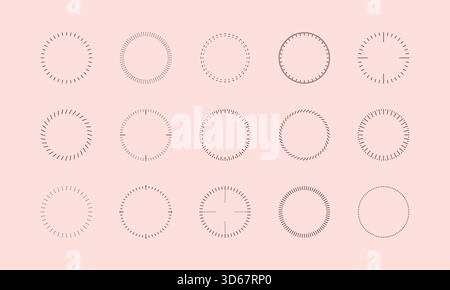 Minimalistic round analog dashed lines, stripes timer icon. Dotted watch, speed measure optical frame, meter scale line vector logo, sign template. Stock Vector
