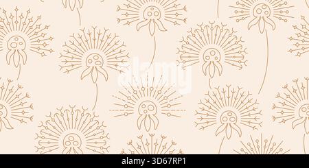 Thin line minimalist beige wild dandelions. Botanical vector seamless pattern with fluffy flower silhouette. Stock Vector