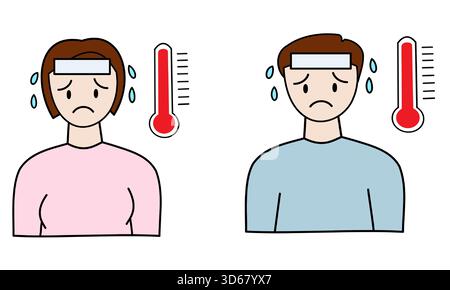 man and female with fever temperature reading minimalist color flat icons useful for health related projects Stock Vector