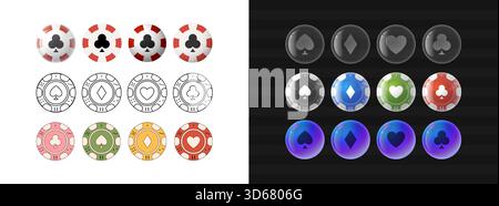 Poker chip set vector collection in modern styles. Detailed Poker symbol vector illustration perfect for betting apps and web design.. Stock Vector