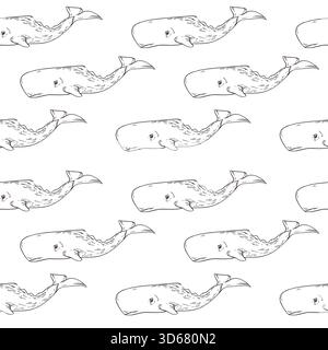 Vector seamless pattern from sperm whale drawing, all objects are hand-drawn in ink and translated into vector. Vector pattern is perfect for printing Stock Vector