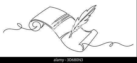 Old scroll and feather pen in minimalist continuous line art illustration Stock Vector