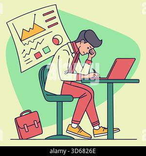 Stressed office worker analyzing data at laptop Stock Vector