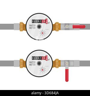 Water meter with open and closed valve positions. Vector illustration for water management industry resources, educational materials, plumbing tutoria Stock Vector