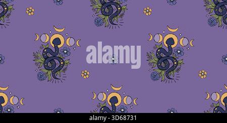 Seamless pattern with Mystical Snake with Moon Phase and Flowers on violet background. Magical dark Kundalini Textured Hand Drawing Doodle. Horizontal Stock Vector