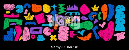 Abstract Freeform set. Curvature Crayon Colorful Hand Drawn various Shapes, Curls, Geometric Forms and doodle objects on Black. Isolated textured draw Stock Vector