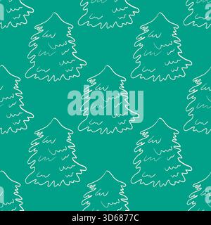 Whimsical Christmas seamless pattern in green color with Christmas tree. Line art coquette illustrations. Stock Vector