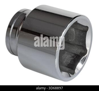 Stainless steel and chrome line socket used to remove or tighten down bolts isolated on a white background. Stock Photo