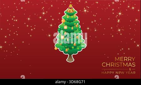 Christmas tree with sparkles and golden stars, christmas tree bauble elements vector illustration Stock Vector