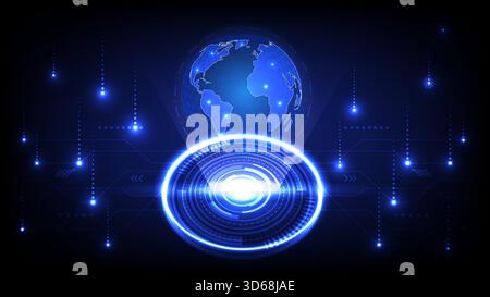 Digital globe and holographic HUD interface glowing in blue, representing global connectivity, data flow and advanced technology Stock Vector