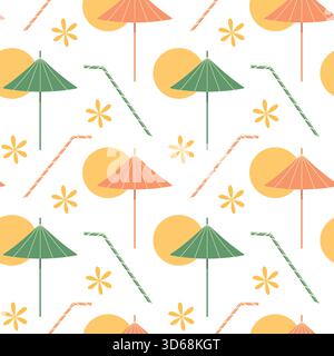 Cocktail straws and umbrellas against sunset and floral decor Seamless Pattern Minimal Flat Backdrop. Isolated Vector illustration Cocktails Thematic Background Menu Cards Bar Party invite Price Label Stock Vector