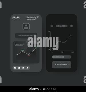 A modern dark mode mobile app interface design showcasing analytics dashboards and social media growth charts Stock Vector
