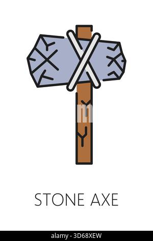 Museum and art gallery exhibition color line icon of stone axe, vector pictogram. Archeology museum or paleontology gallery exhibition outline icon of prehistoric work tool or ancient stone ax exhibit Stock Vector