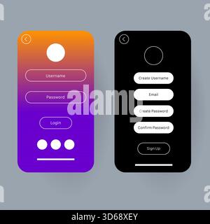a login page with gradient background featuring username and password fields, and a dark mode sign up page with input fields for creating an account Stock Vector