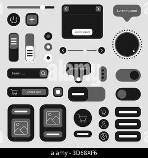 A comprehensive collection of mobile UI elements displayed in a minimal monochrome style, including buttons, sliders, toggles, input fields, search ba Stock Vector