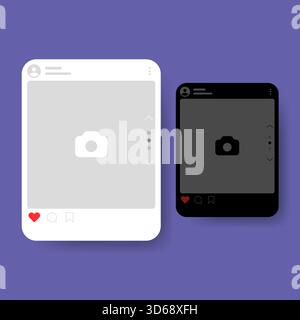 A vector illustration of a social media app interface displaying both light mode and dark mode feed layouts Stock Vector
