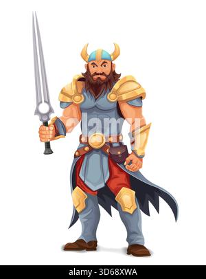 ancient fantasy warrior with stern face standing threatening pose in armor and with weapon cartoon vector illustration isolated on white background Stock Vector