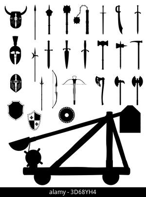ancient weapons icons black silhouette cartoon stock vector illustration isolated on white background Stock Vector