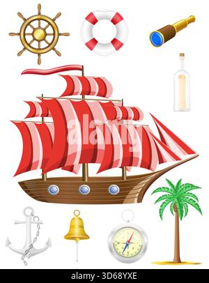 antique travel ship eguipment and items icons vector illustration isolated on white background Stock Vector