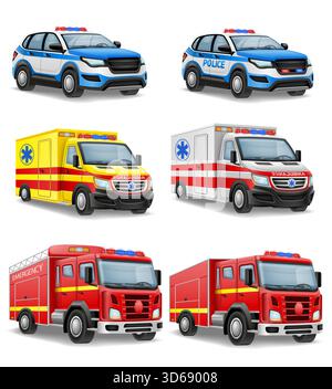 emergency vehicles of police fire and medical ambulance services cartoon stock vector illustration isolated on white background Stock Vector