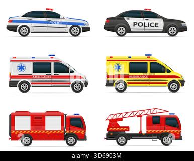 emergency vehicles of police fire and medical ambulance services cartoon stock vector illustration isolated on white background Stock Vector