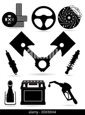 car parts for repair black silhouette cartoon stock vector illustration isolated on white background Stock Vector