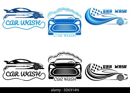 car wash logo for your business or company set logotype cartoon stock color and black and white vector illustration isolated on white background Stock Vector